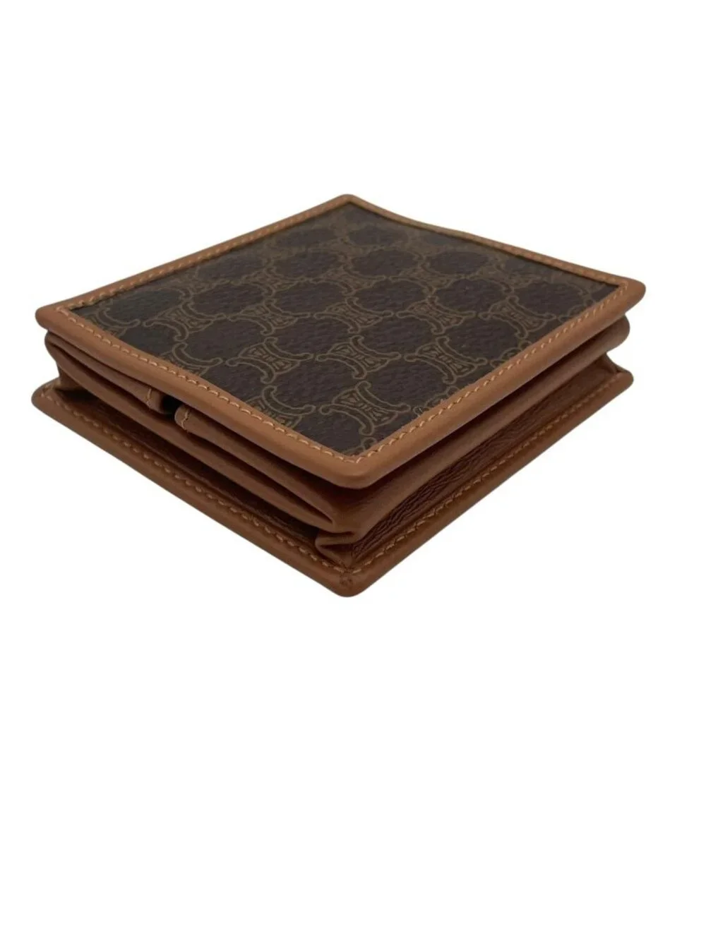 Celine Macadam Pattern Triomphe Compact Wallet Fold Mini Leather Camel Brown